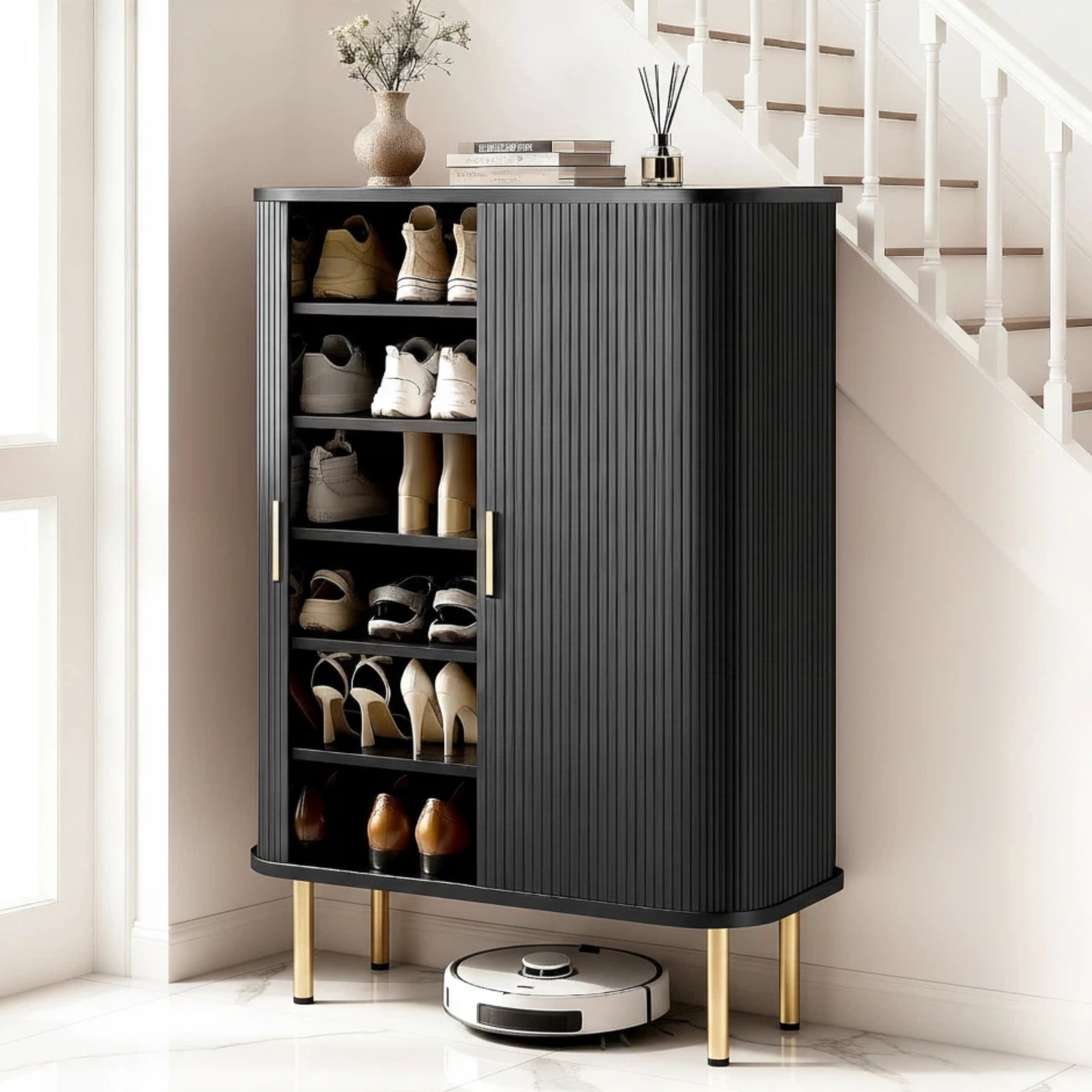 Aisword 6-Tier Shoe Cabinet with Sliding Door, Storage Organizer with Adjustable Shelves, Free Standing Rack for Entryway, 31.5 inch, Black