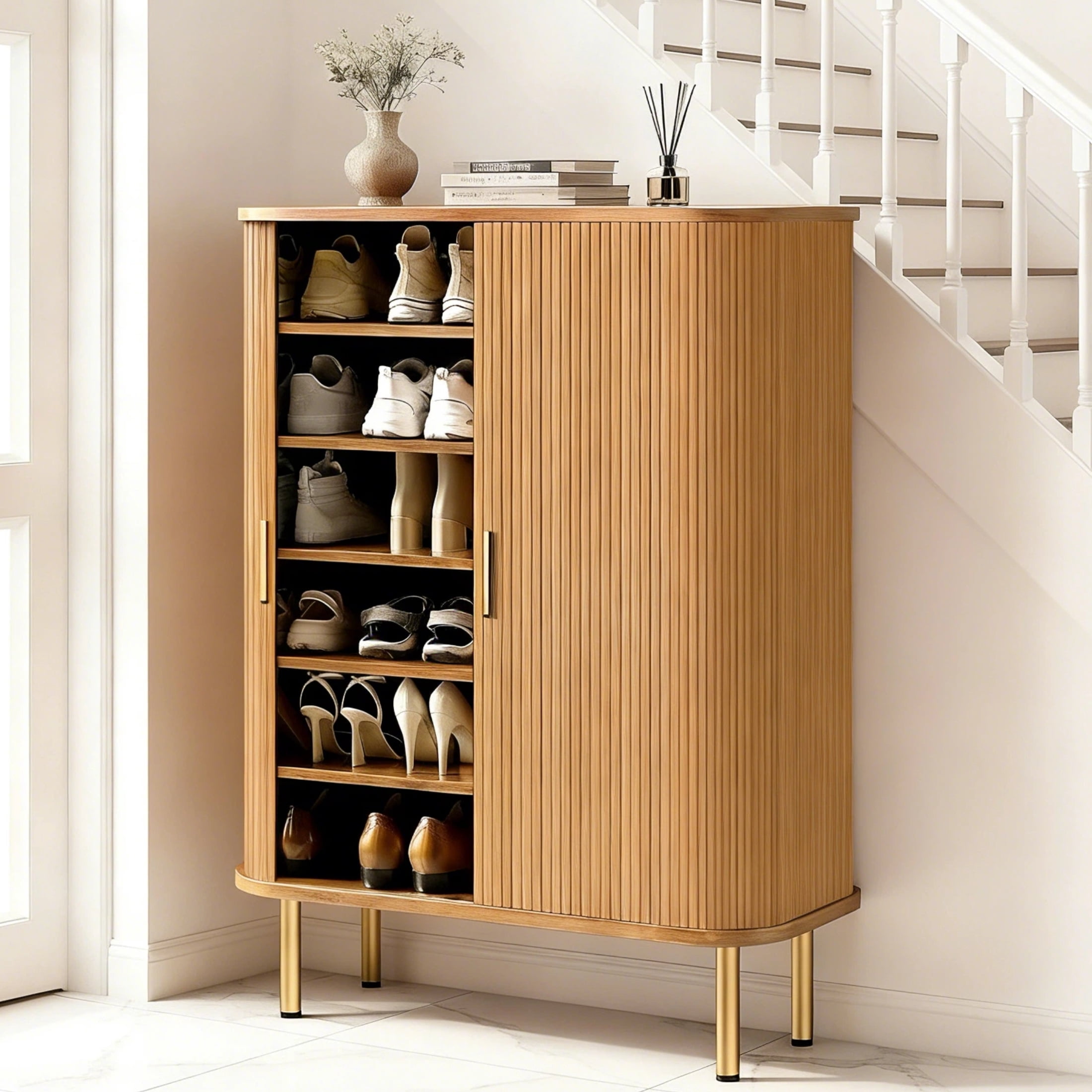 Aisword 6-Tier Shoe Cabinet with Sliding Door and Adjustable Shelves, Free Standing Shoe Organizer for Entryway, 31.5 inch, Yellow