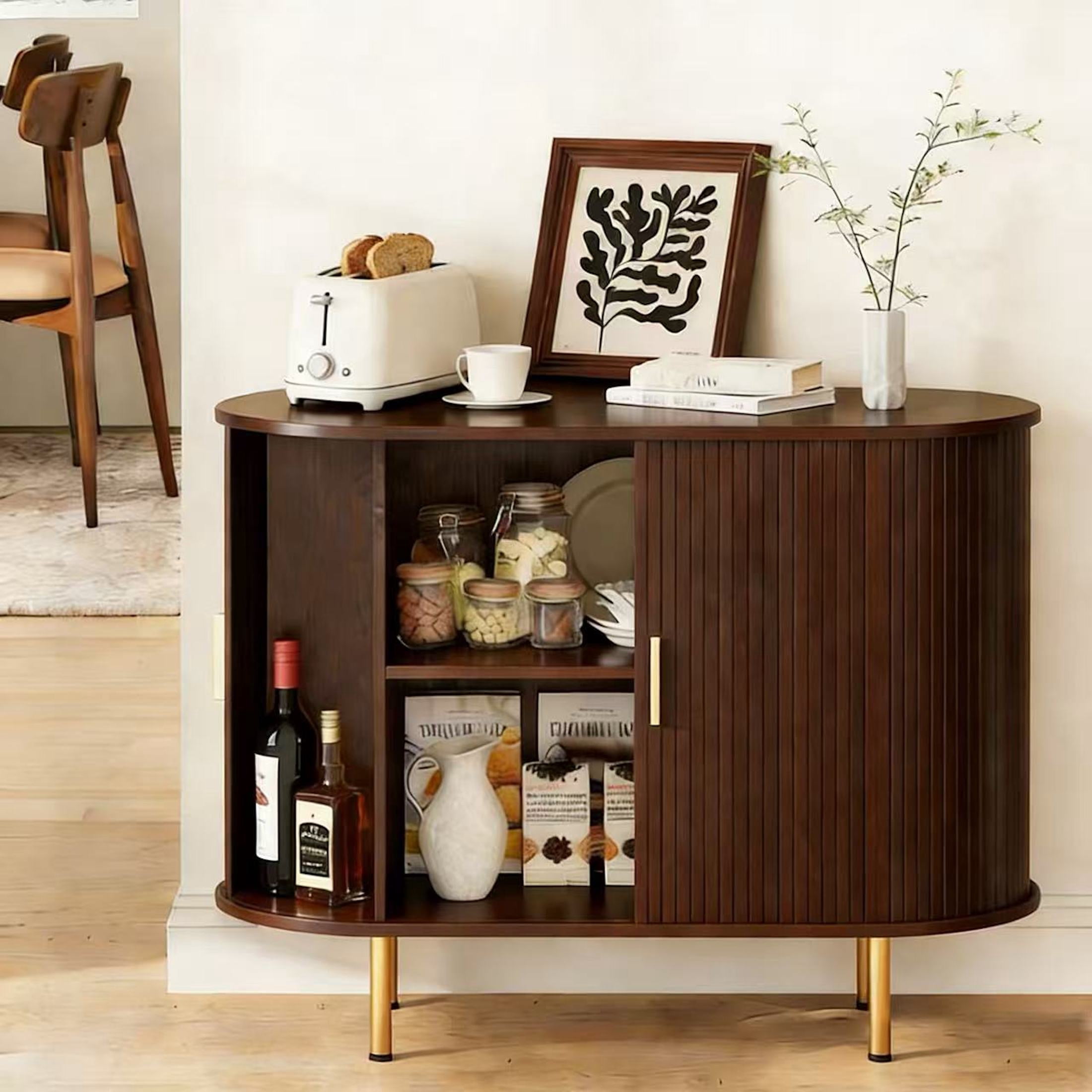 Aisword Sideboard Buffet Cabinet with Storage,Mid Century Modern Fluted Accent Coffee Bar Console Table,Tambour Sliding Doors& Adjustable Shelf for Kitchen, Living Room, Entryway, 40 Inch Dark Walnut