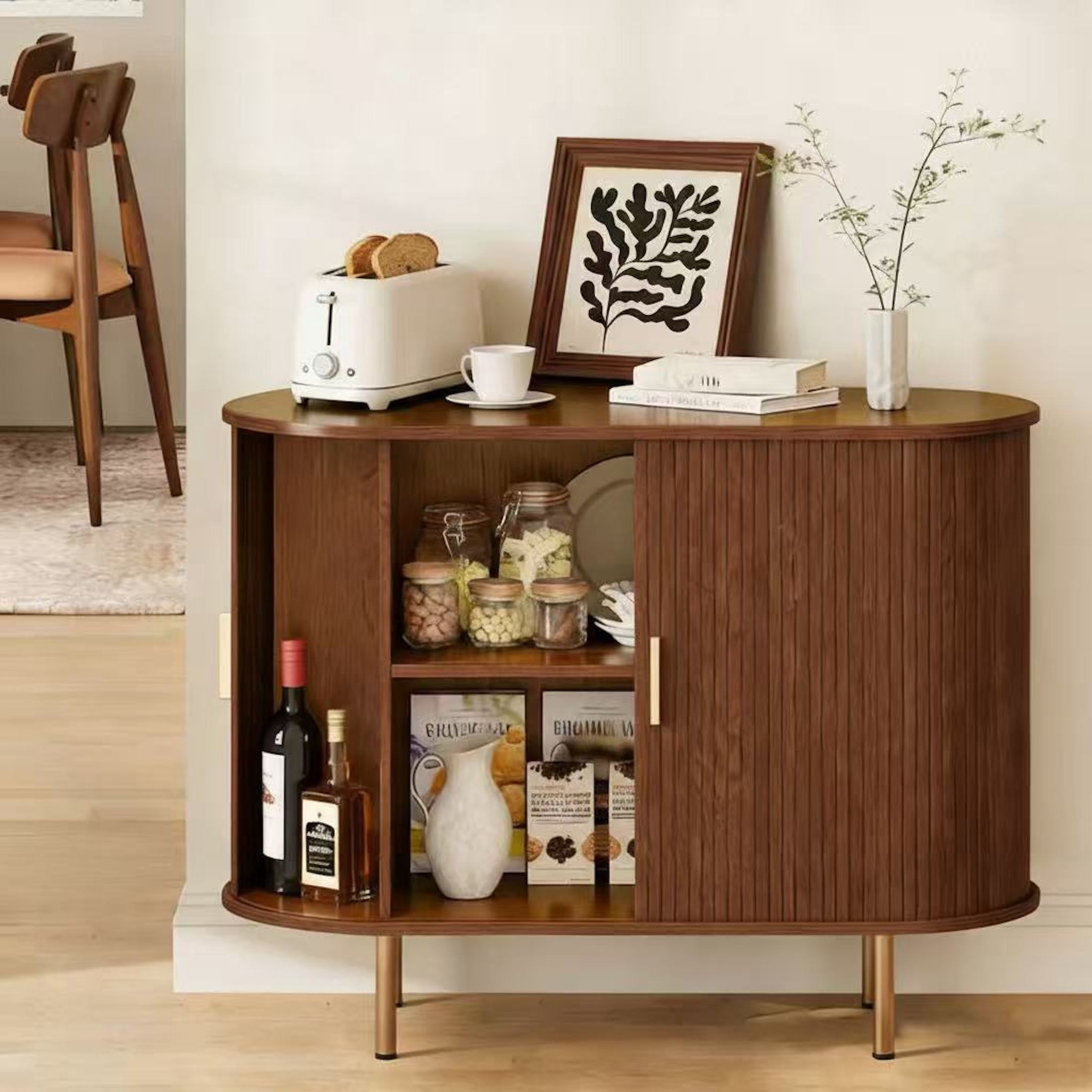 Aisword Sideboard Buffet Cabinet with Storage,Mid Century Modern Fluted Accent Coffee Bar Console Table,Tambour Sliding Doors& Adjustable Shelf for Kitchen, Living Room, Entryway, 40 Inch Walnut