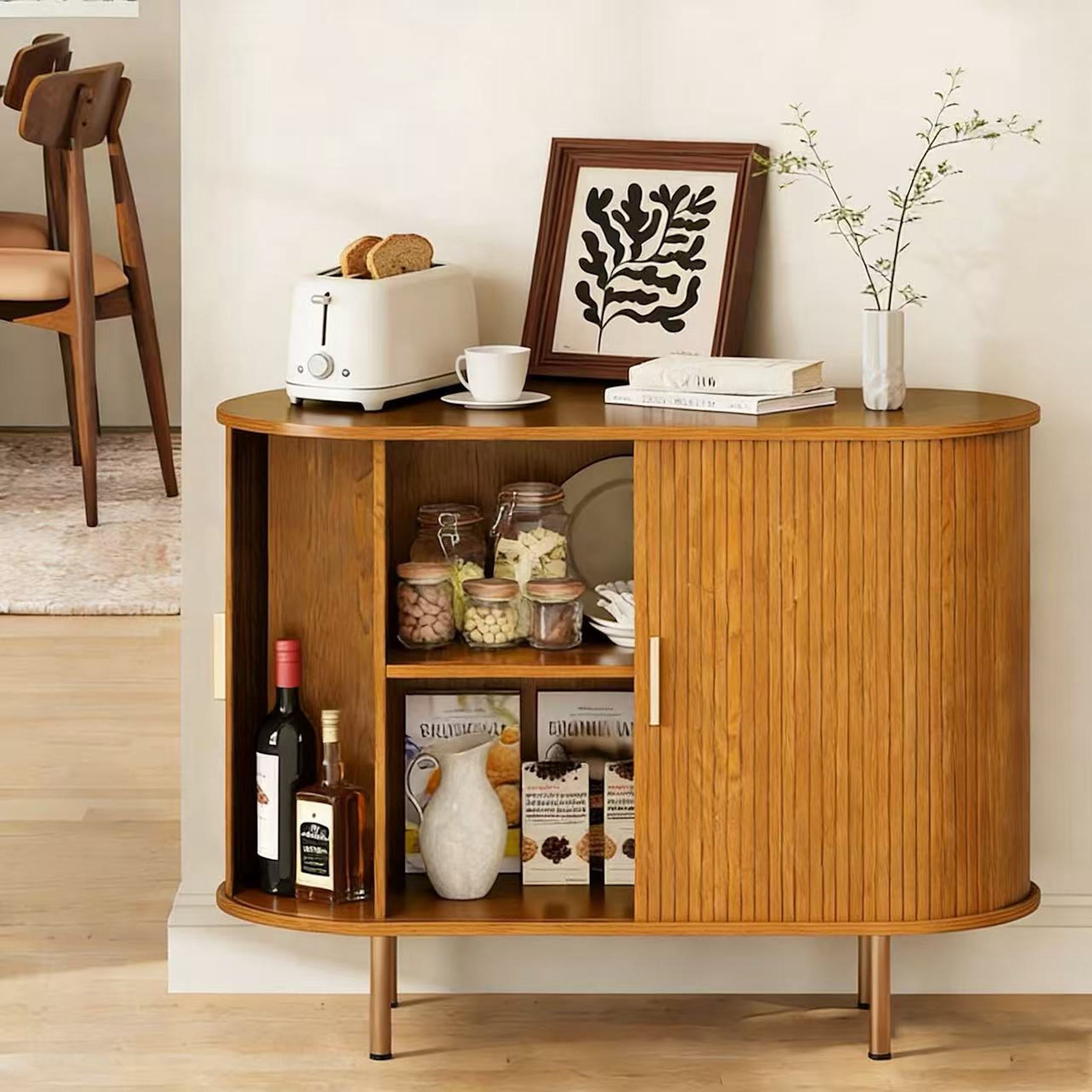 Aisword Sideboard Buffet Cabinet with Storage,Mid Century Modern Fluted Accent Coffee Bar Console Table,Tambour Sliding Doors& Adjustable Shelf for Kitchen, Living Room, Entryway, 40 Inch Yellow