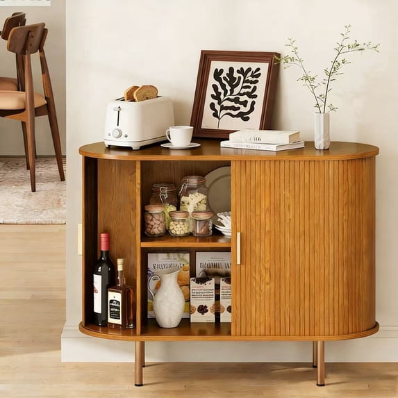 Aisword Sideboard Buffet Cabinet with Storage,Mid Century Modern Fluted Accent Coffee Bar Console Table,Tambour Sliding Doors& Adjustable Shelf for Kitchen, Living Room, Entryway, 40 Inch Yellow