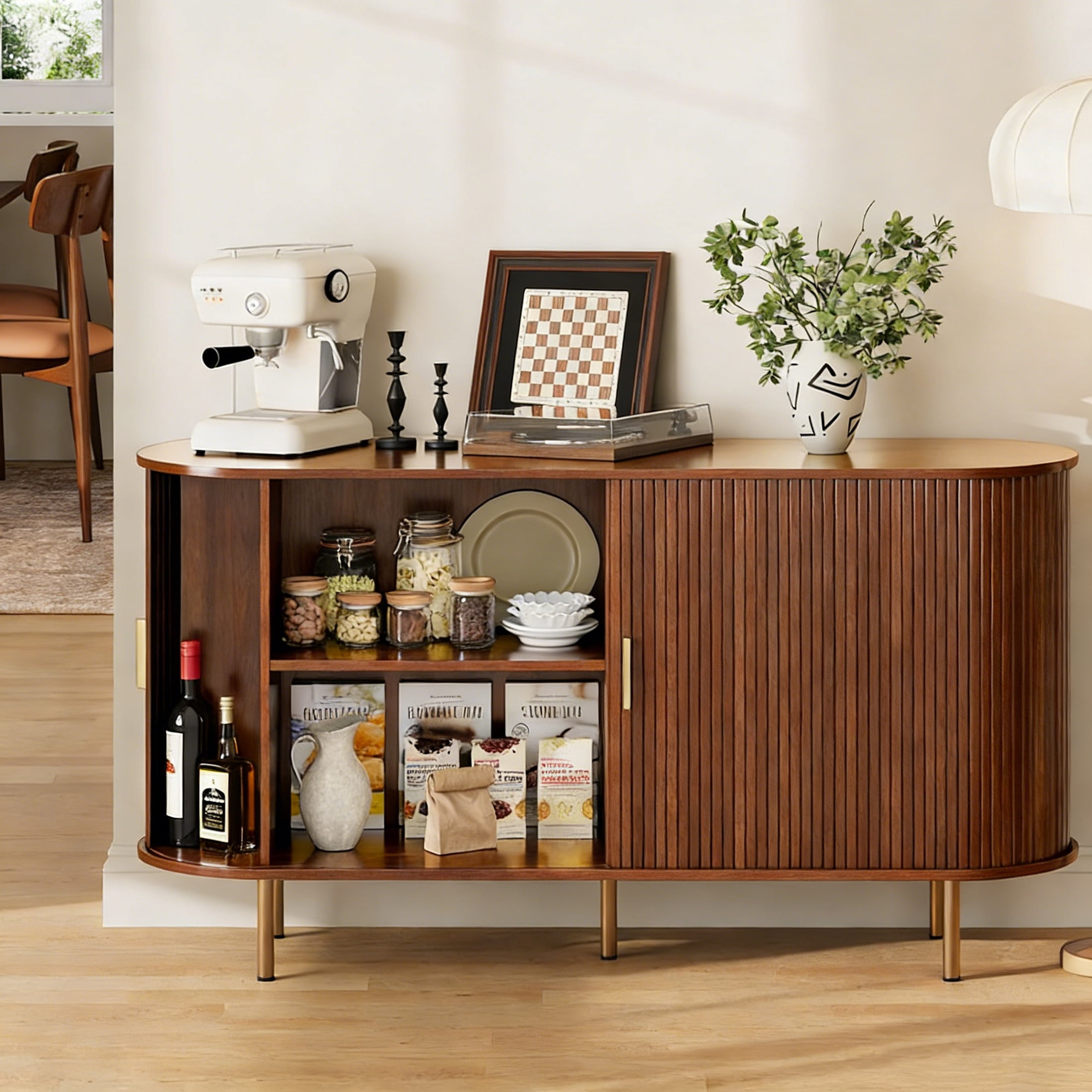 Aisword Sideboard Buffet Cabinet with Storage,Mid Century Modern Fluted Accent Coffee Bar Console Table,Tambour Sliding Doors& Adjustable Shelf for Kitchen, Living Room, Entryway, 55 Inch Walnut