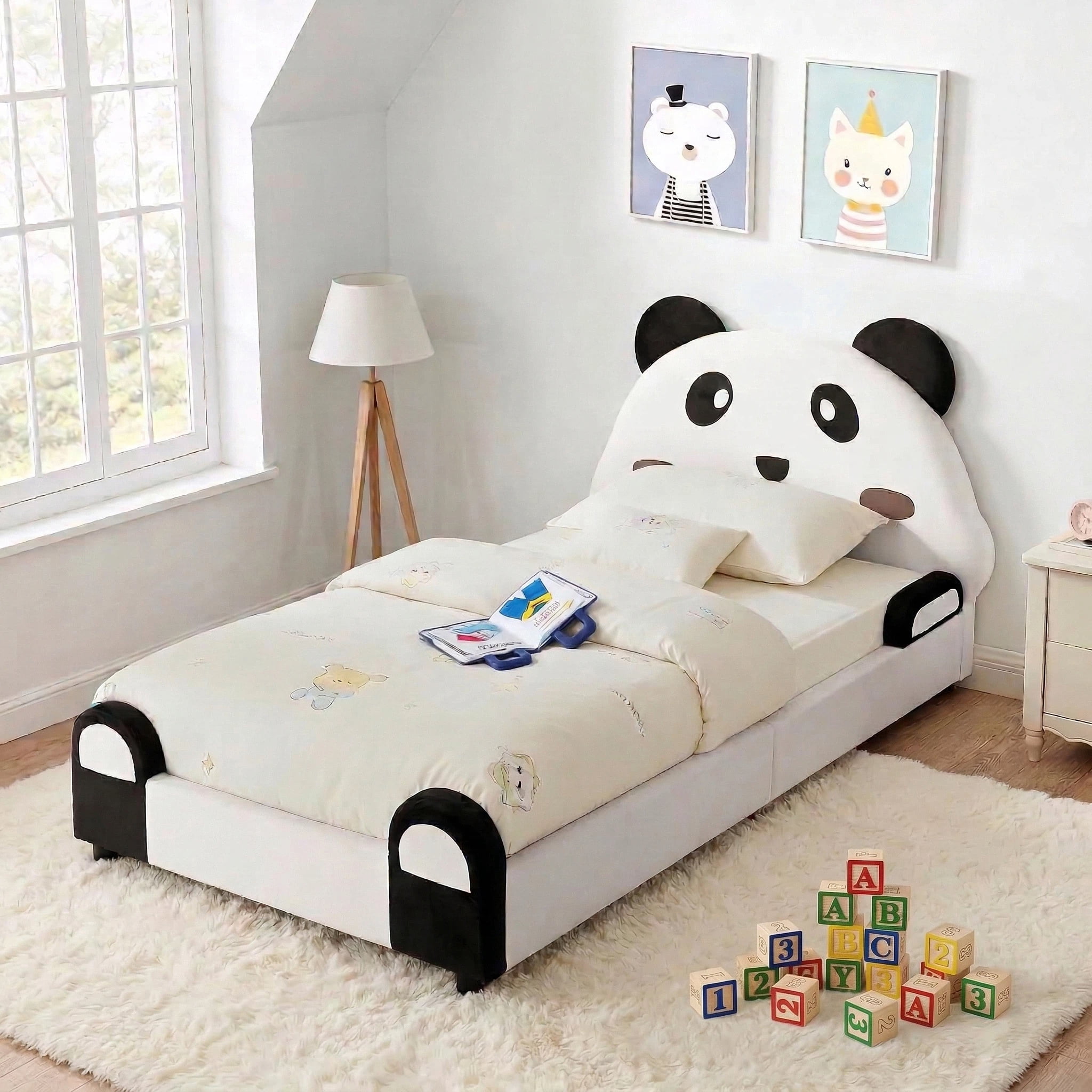 Aisword Twin Size Kid Bed with Panda Headboard, Upholstered Velvet Fabric Twin Daybed with Slats Support, Space-Saving Wooden Corner Sofa Couch Day Bed Frame for Girl, Boy, Teenager