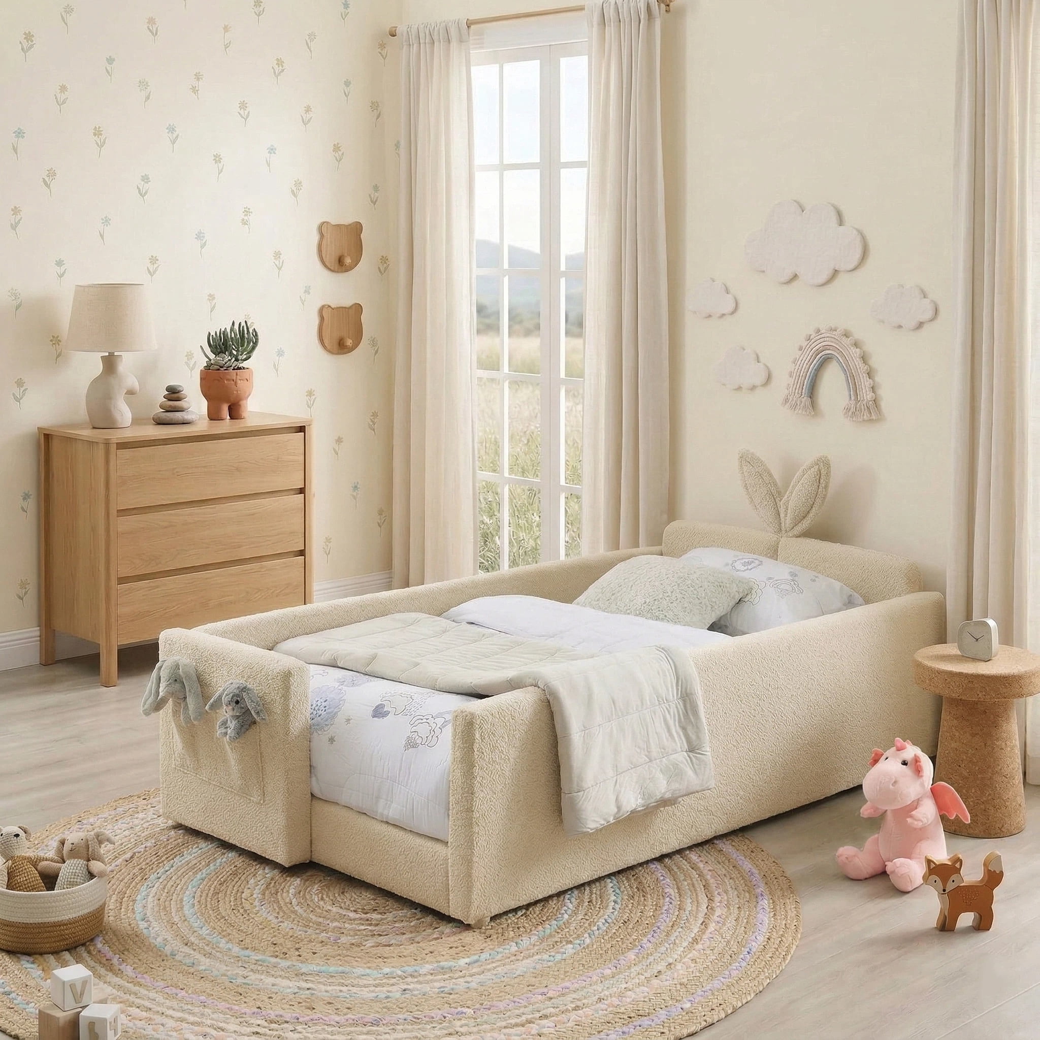 AISWORD Twin Size Kids Bed with Rabbit Ear Headboard, Upholstered Daybed with Slat Support & Side Pockets, Space-Saving Wooden Corner Sofa Bed, Camel