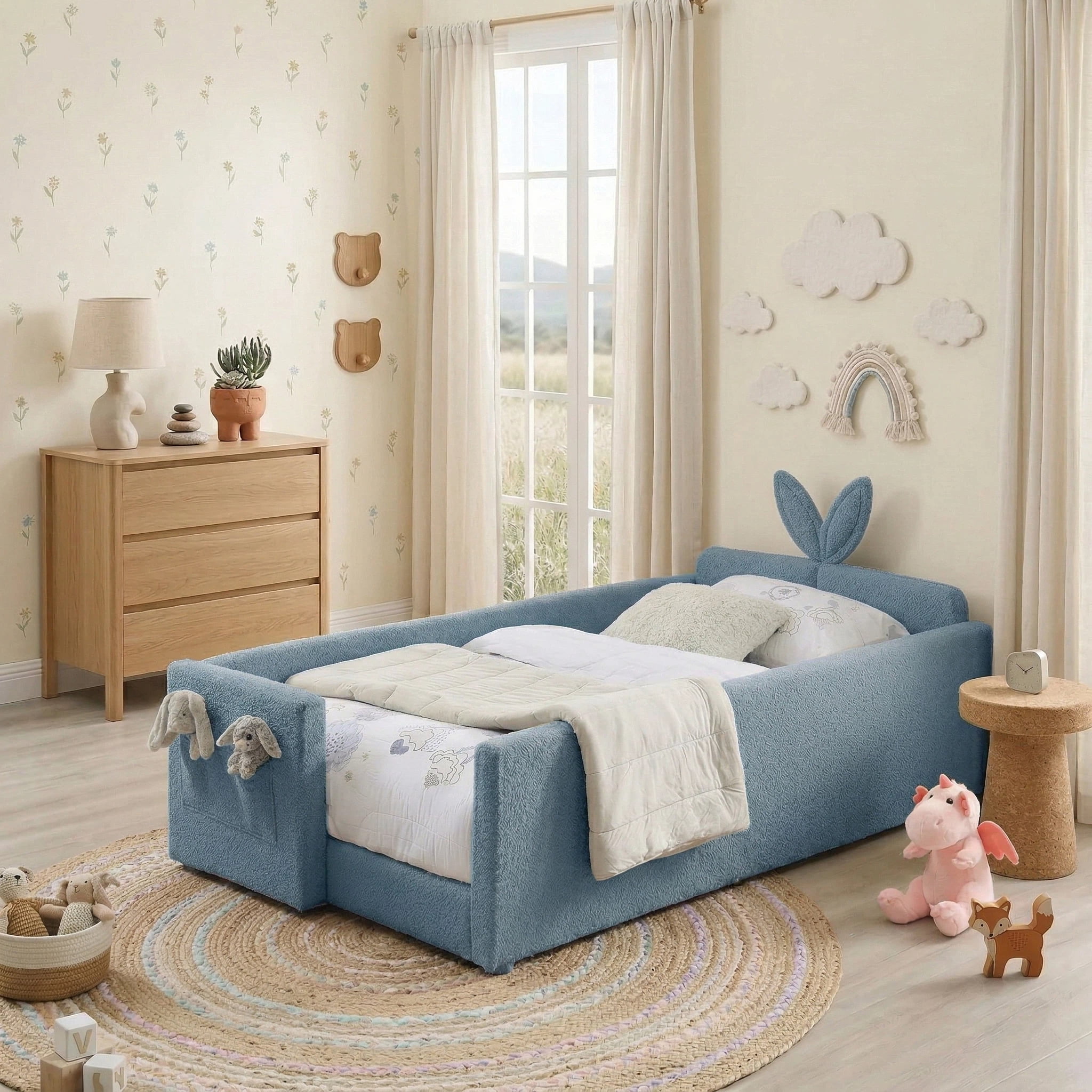 Aisword Twin Size Kids Bed, Rabbit Ear Headboard, Upholstered Daybed with Slat Support & Side Pockets, Space-Saving Wooden Corner Sofa Bed, Blue