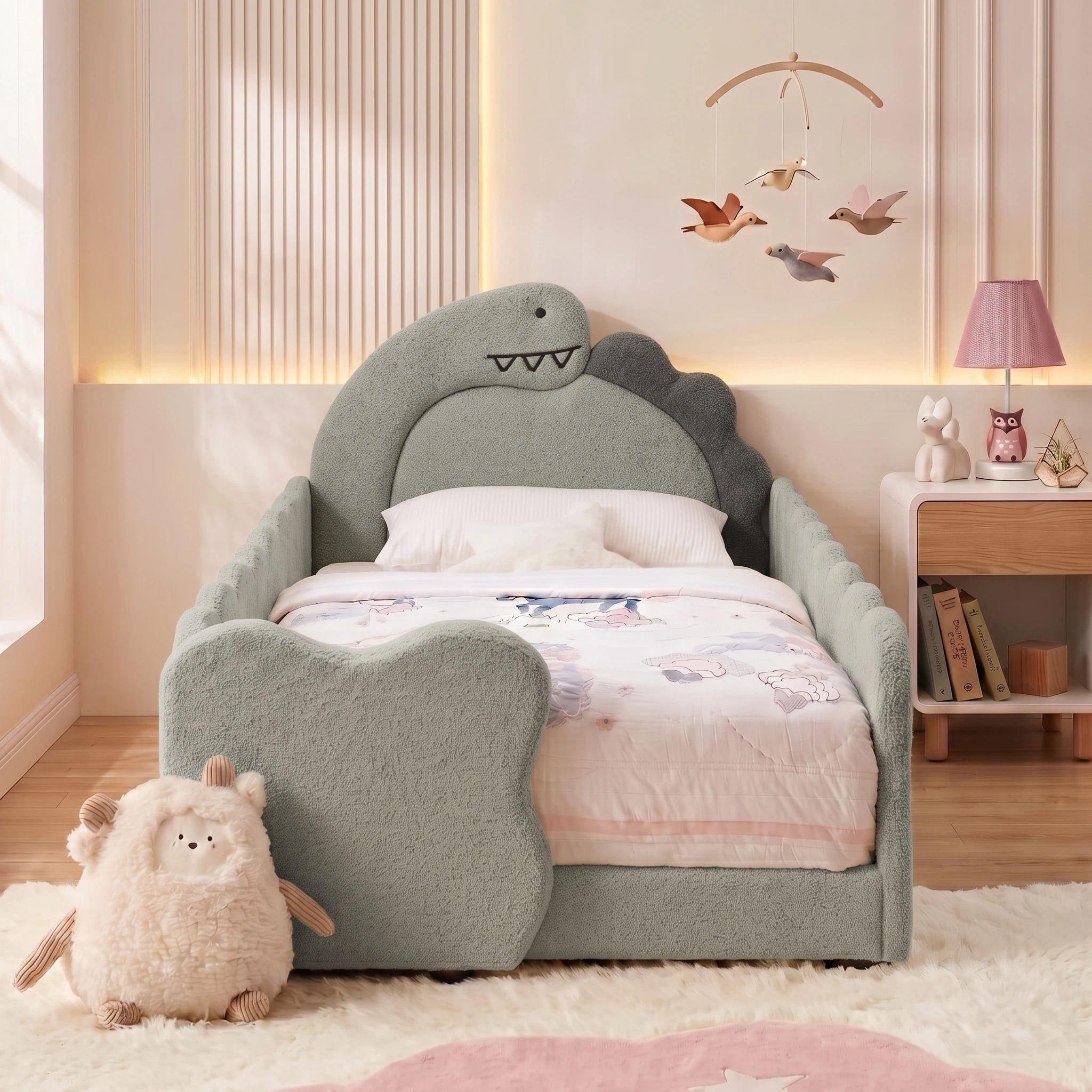 AISWORD Twin Size Kids Bed with Dinosaur Headboard, Upholstered Daybed with Slats Support & Side Pocket, Space-Saving Wooden Corner Sofa Bed, Grey