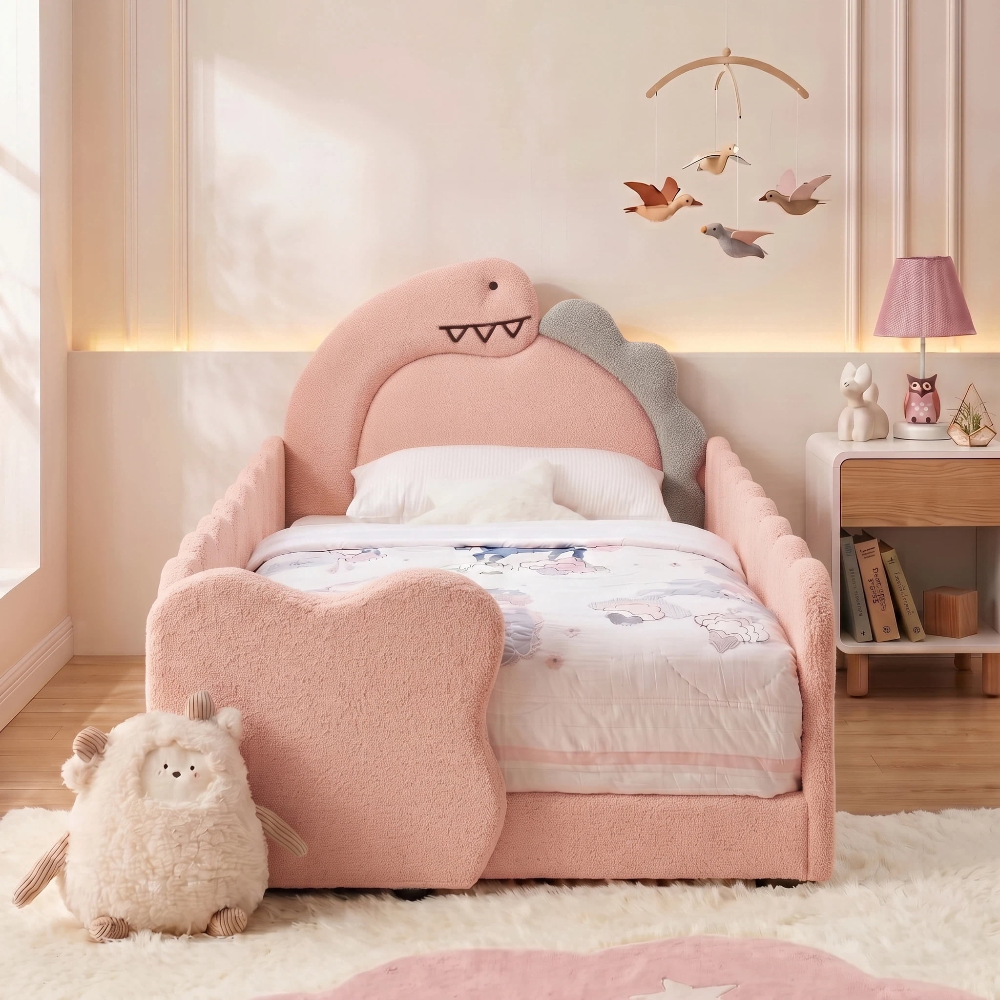 AISWORD Twin Size Kids Bed with Dinosaur Headboard, Upholstered Daybed with Slats Support & Side Pocket, Space-Saving Wooden Corner Sofa Bed, Pink