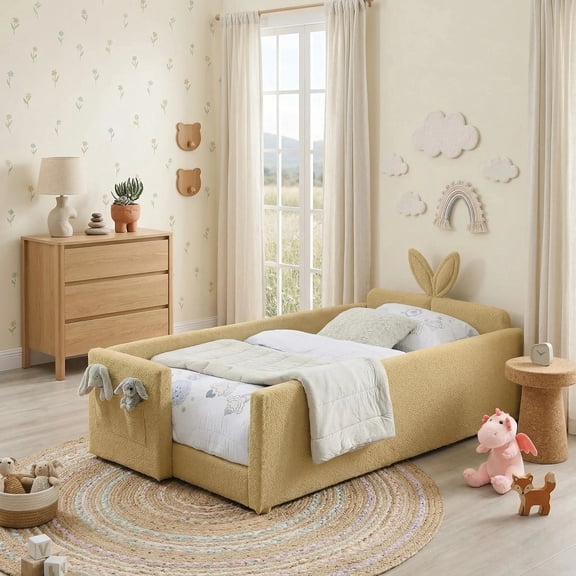 AISWORD Twin Size Kids Bed with Rabbit Ear Headboard, Upholstered Daybed with Slat Support & Side Pockets, Yellow