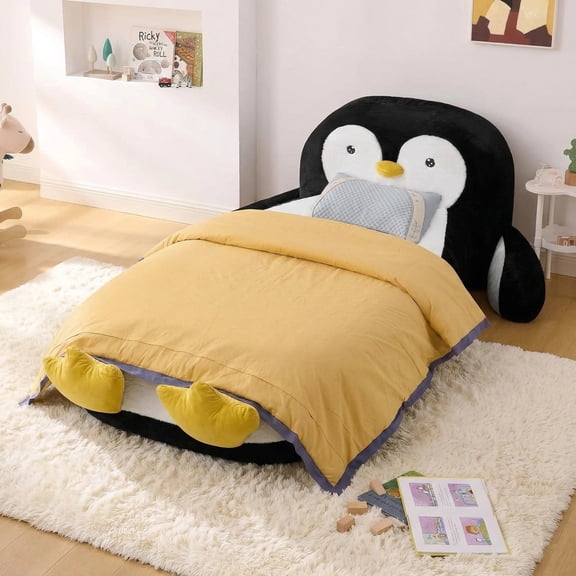 Aisword Twin Size Kids Daybed with Penguin Shaped & Headboard, Upholstered Faux Fur Cloud Boneless Memory Foam Bed Mattress, Platform Floor Sofa Couch Bed Frame for Girls, Boys, Teenager