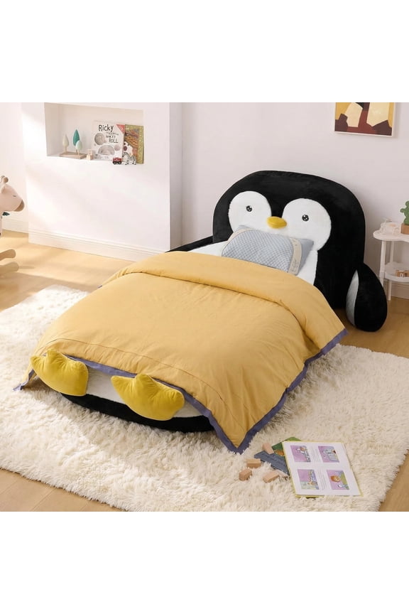 Twin Size Kids Daybed with Penguin Shaped & Headboard, Upholstered Faux Fur Cloud Boneless Memory Foam Bed Mattress, Platform Floor Sofa Couch Bed Frame for Girls, Boys, Teenager