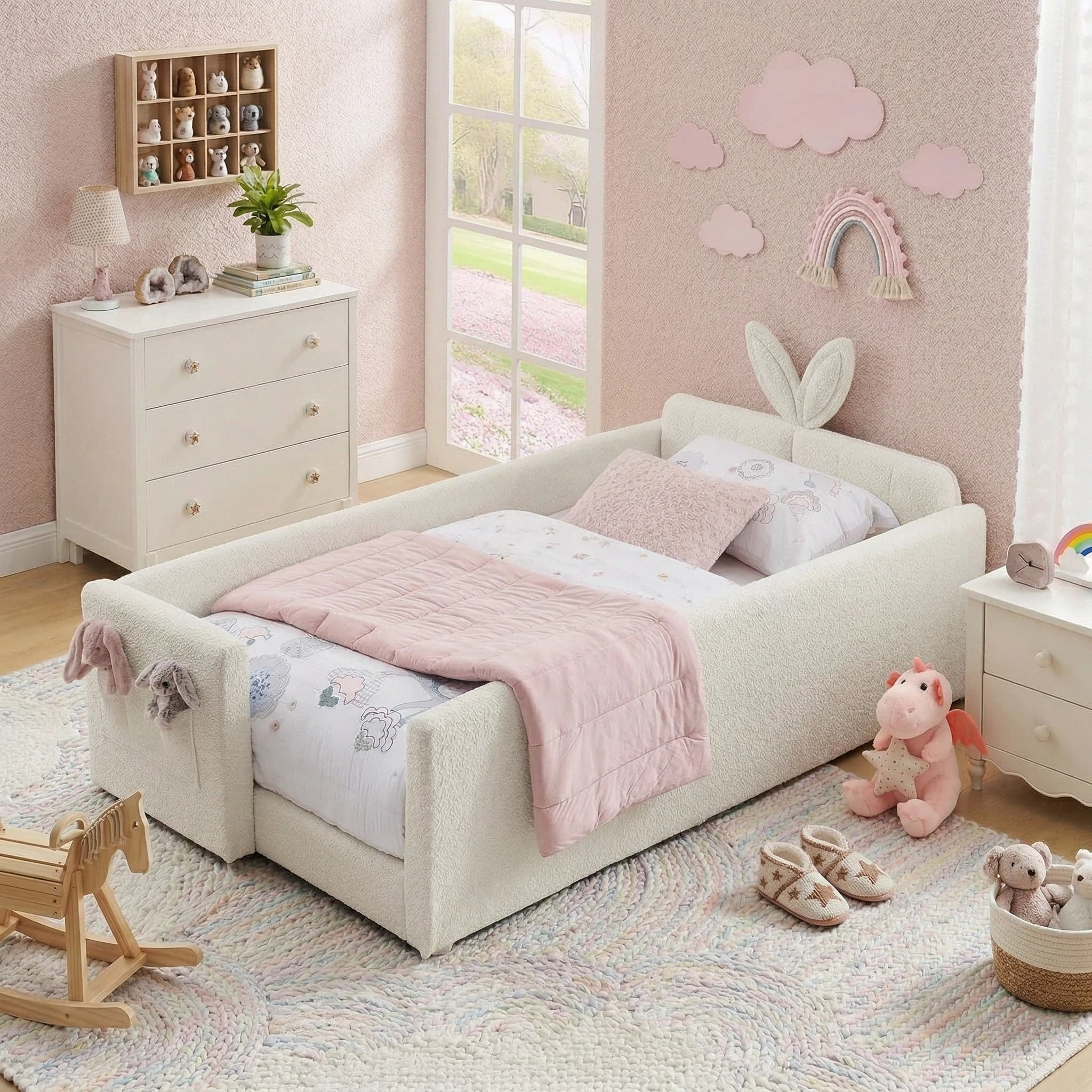 Aisword Twin Size Kids Bed, Rabbit Ear Headboard, Upholstered Daybed with Slat Support & Side Pockets, Space-Saving Wooden Corner Sofa Bed, Beige