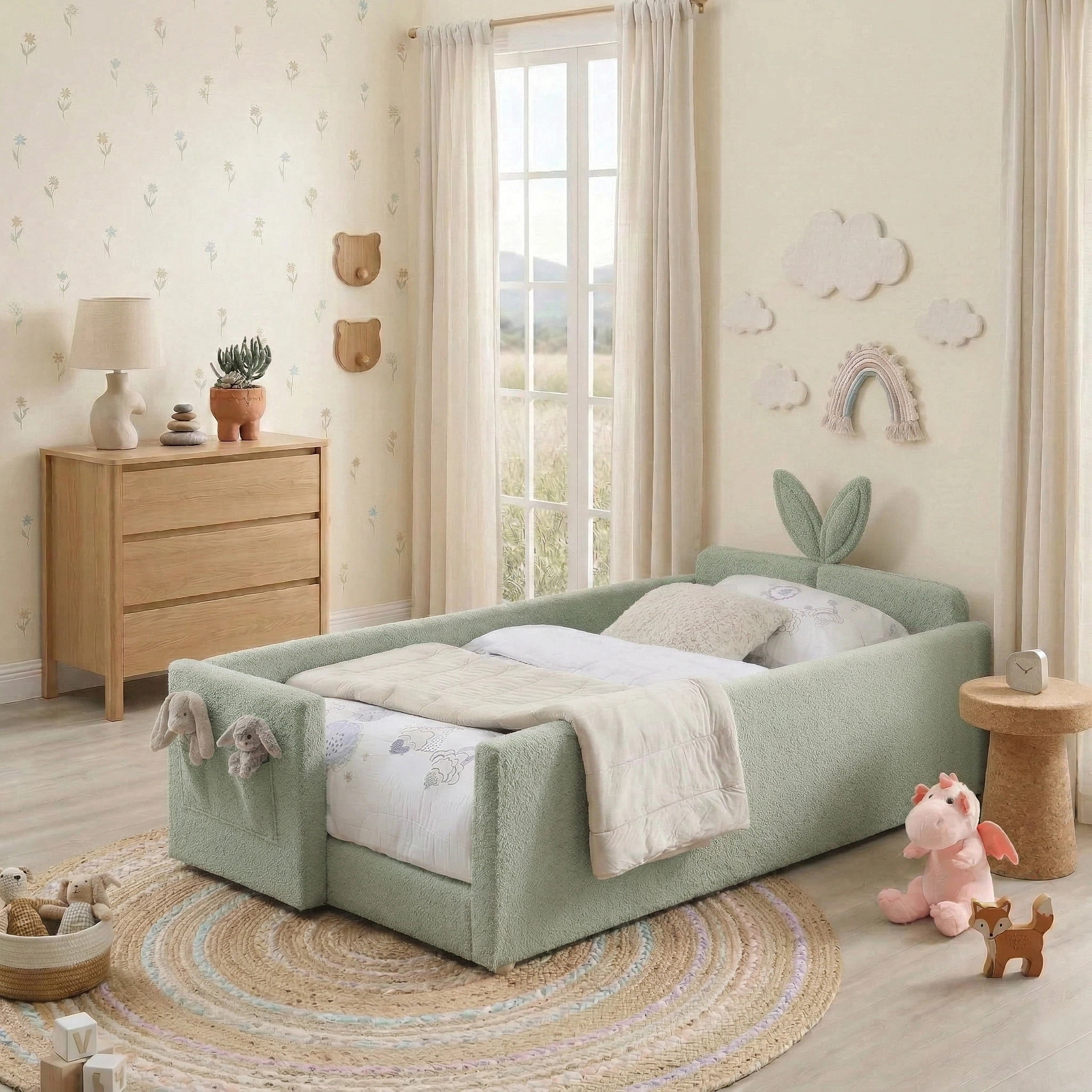 AISWORD Twin Size Kids Bed with Rabbit Ear Headboard, Upholstered Daybed with Slat Support & Side Pockets, Space-Saving Wooden Corner Sofa Bed, Green