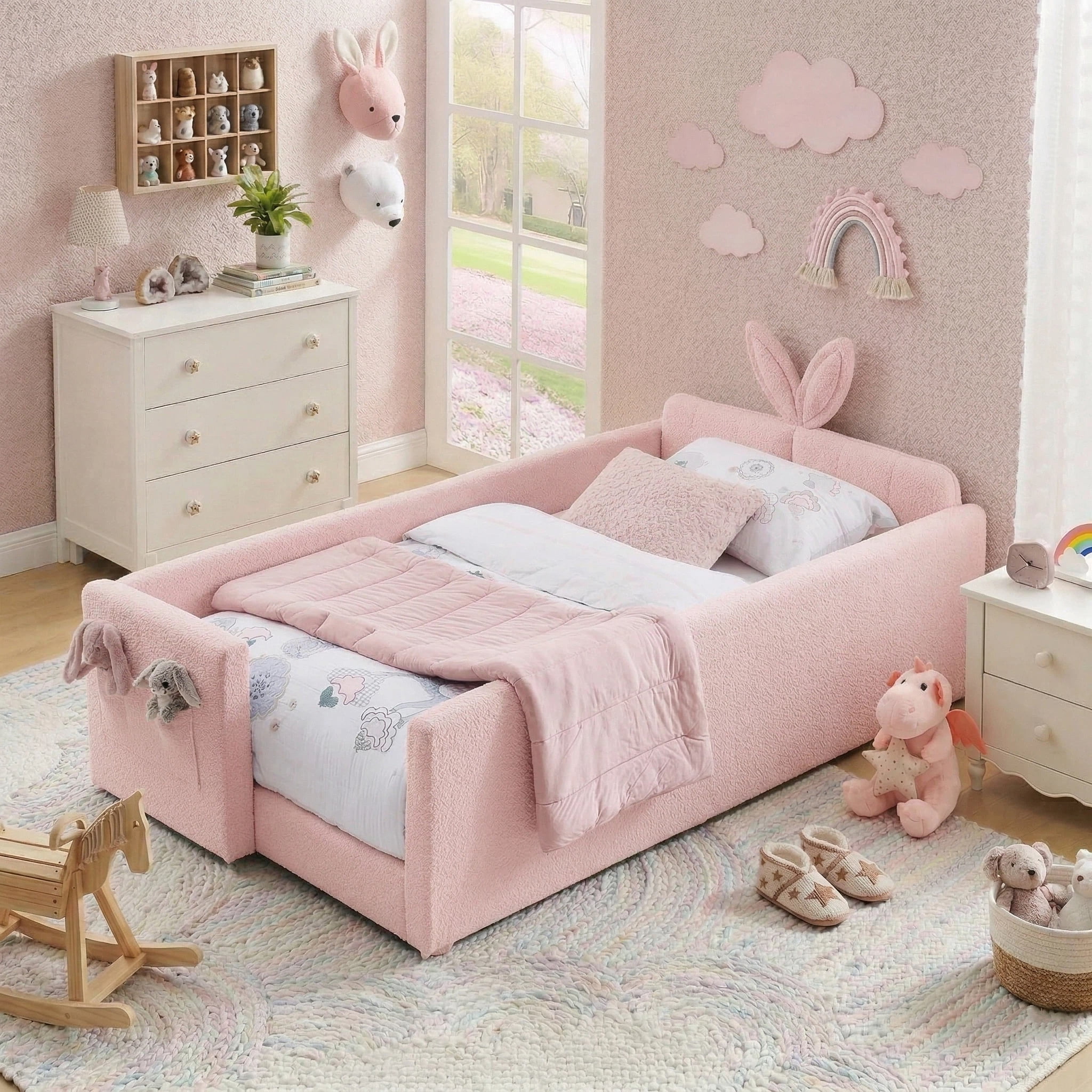 AISWORD Twin Size Kids Bed, Rabbit Ear Headboard, Upholstered Daybed with Slat Support & Side Pockets, Space-Saving Wooden Corner Sofa Bed, Pink