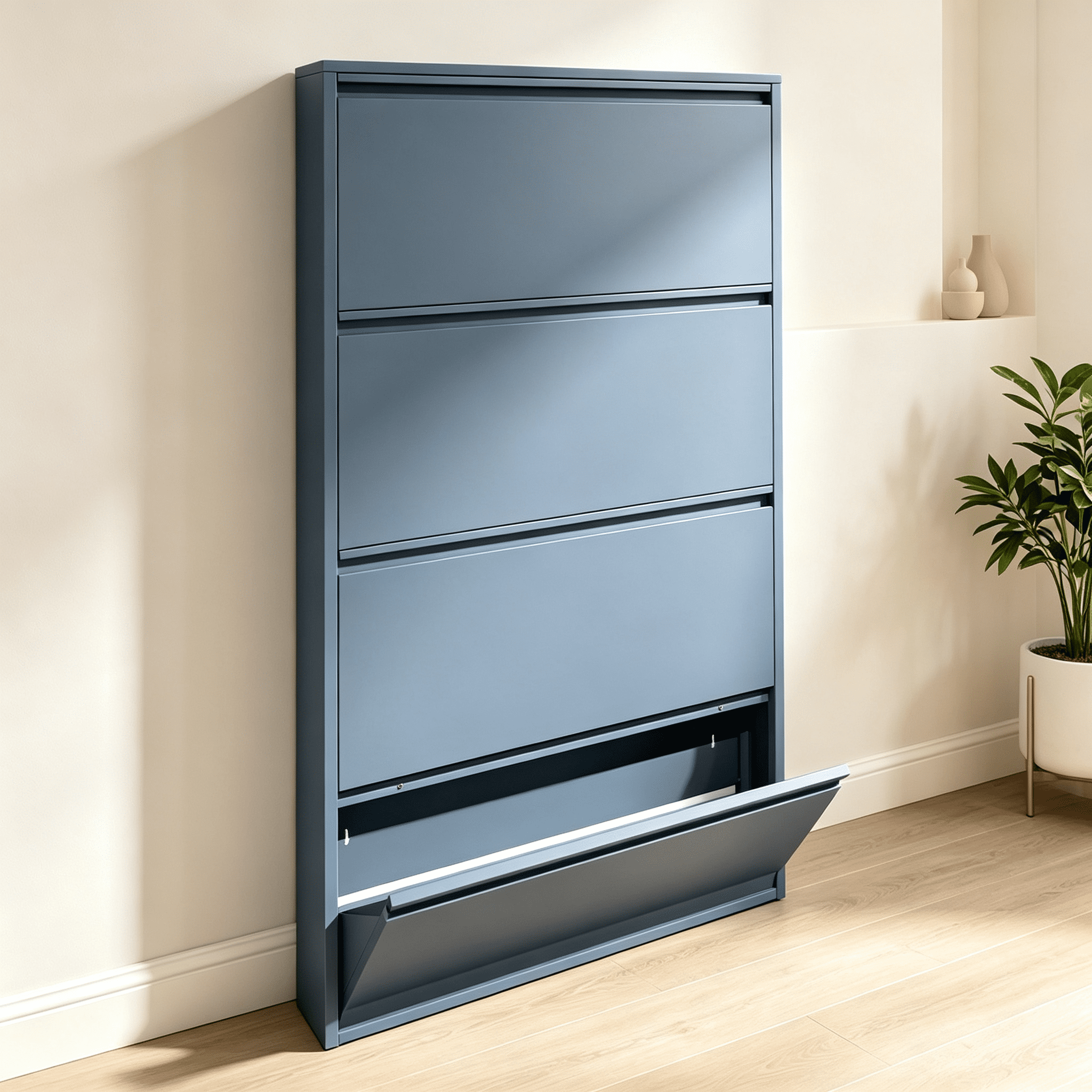 Aisword Wall Mounted Metal Shoe Cabinet with 4 Flip Drawers,Slim Steel Hidden Shoe Rack Shoe Organizer for Entryway,Blue