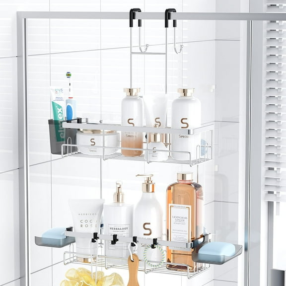Aitatty Over The Door Shower Caddy: Hanging Stainless Steel Bathroom Organizer, No Drilling Shower Shelves with 2 Soap Holder, 1 Brush Holder, 4 Hooks - Sliver