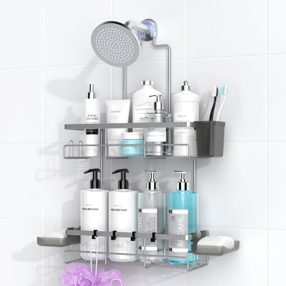 Aitatty Shower Caddy over Shower Head: Stainless Steel Bathroom Organizer for Shampoo with Soap Holder, Hooks, Toothbrush Holder- Gray