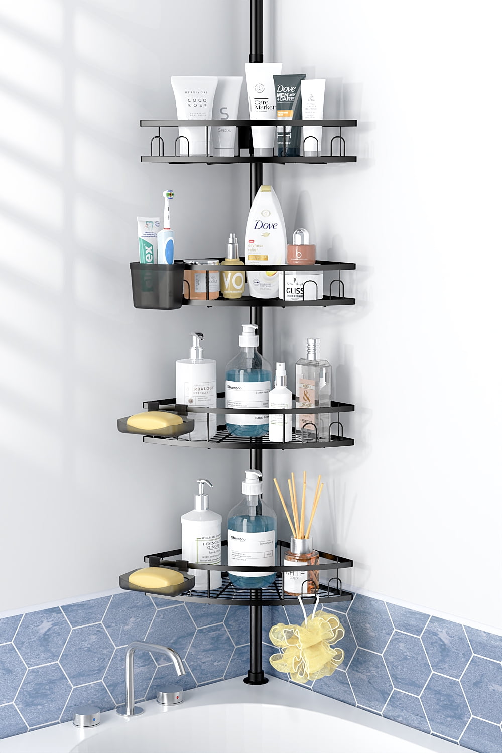 Black Stainless Steel 4-Tier Tension Mount Shower Caddy