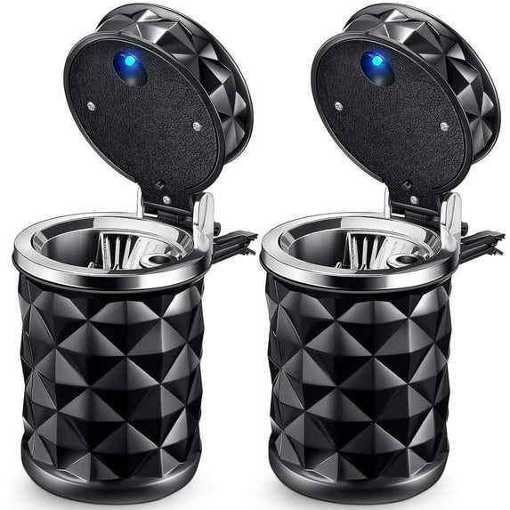 Aiteng 2 Pack Auto Car Ashtray, Portable with Blue LED Light Ashtray, Smokeless Smoking Stand Cylinder Cup Holder, Black