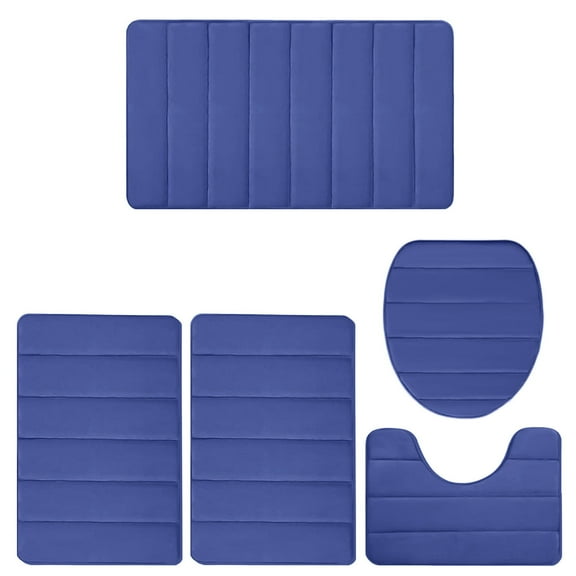 Aiteng 5 Pcs Bathroom Rug Sets, Modern Memory Foam Bath Mat, Non Slip Super Absorbent Soft Bathroom Mats Toilet Mats Washable, Blue