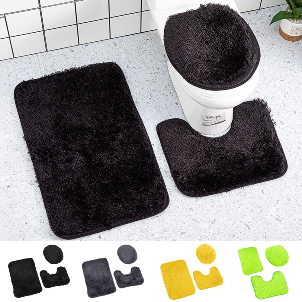 Aiteng 3Pcs Bathroom Rugs Sets with Toilet Lid Cover Non Slip Extra Absorbent Plush Soft Washable Bath Rugs and Mats Set, Black