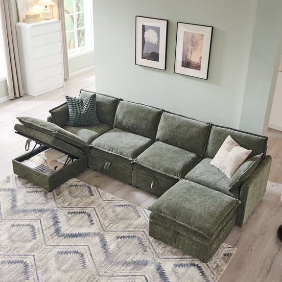 Aitjunz 112.6" Modular Cloud Couches, Sectional Sofa for Living Room, Modern Couches and Sofas with Storage Ottoman, U-Shape 6 Seat Chenille Cloud Sofa with Pillows for Bedroom