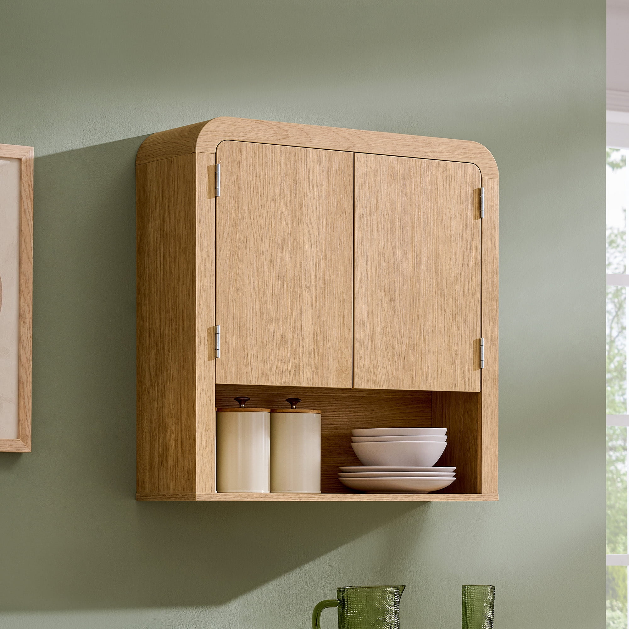 Aitjunz 23" W Kitchen Wall Cabinet, Wooden Wall Mounted Cabinet with Doors and Adjustable Shelf for Dining Room and Bathroom, Natural