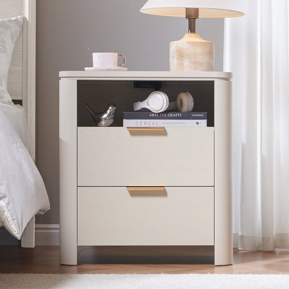 Aitjunz 24" Modern Nightstand with 2 Drawers, Wood Bedside Table with Open Storage Shelf, Cream