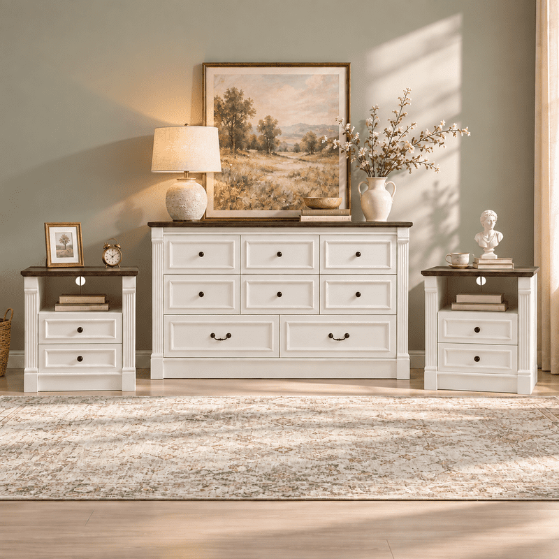 Aitjunz 3 Piece Farmhouse Bedroom Furniture Set, 61" W 8 Drawer Dresser and 2 Drawer Nightstands Set of 2 with Charging Station, Wood Rustic Bedroom Set with Roman Column, White