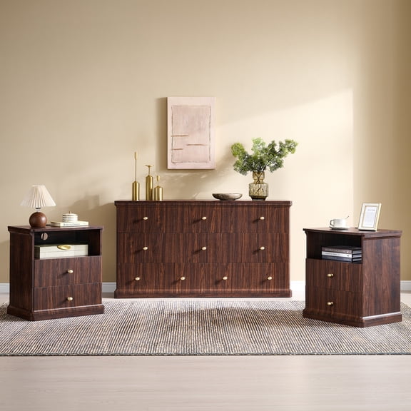 Aitjunz 3 Pieces Modern Bedroom Furniture Set, 8 Drawer Dresser and 2 Nightstands with Charging Station, Curved Waterfall Edge Design, Natural