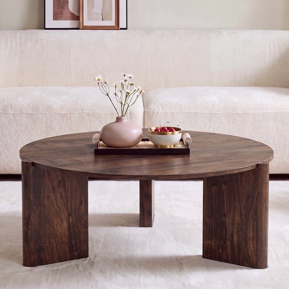 Aitjunz 33" Round Coffee Table, Modern Wood Center Table with Unique Pedestal Base for Living Room, Brown