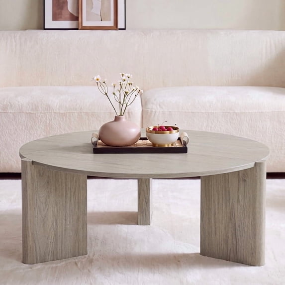 Aitjunz 33" Round Coffee Table, Modern Wood Center Table with Unique Pedestal Base for Living Room, Cream