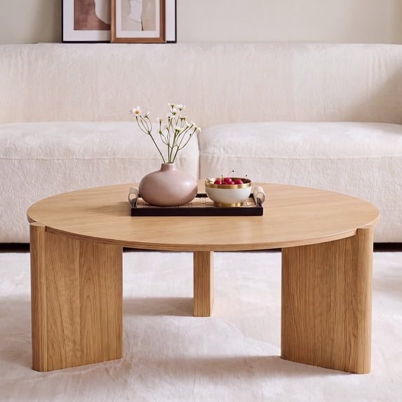Aitjunz 33" Round Coffee Table, Modern Wood Center Table with Unique Pedestal Base for Living Room, Natural