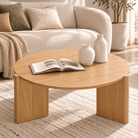 Aitjunz 33" Round Coffee Table, Modern Wood Center Table with Unique Pedestal Base for Living Room, Natural
