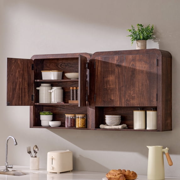 Aitjunz 46" W Kitchen Wall Cabinet, Wooden Wall Mounted Cabinet with Doors and Adjustable Shelf for Dining Room and Bathroom, Brown