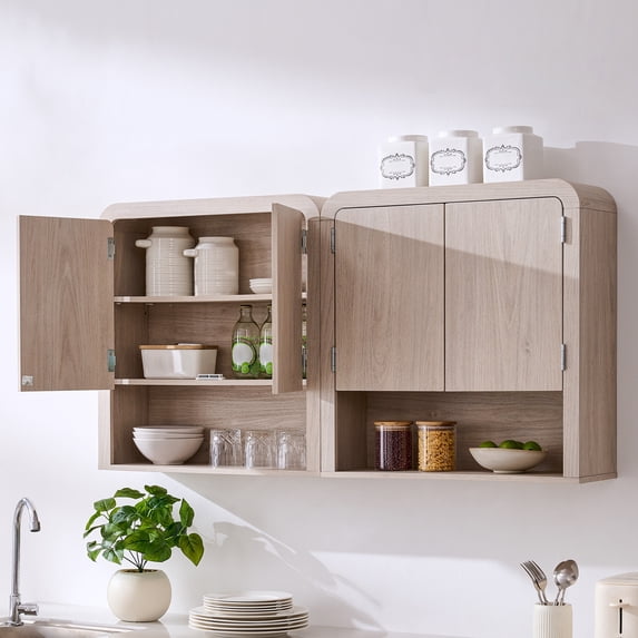 Aitjunz 46" W Kitchen Wall Cabinet, Wooden Wall Mounted Cabinet with Doors and Adjustable Shelf for Dining Room and Bathroom, Cream