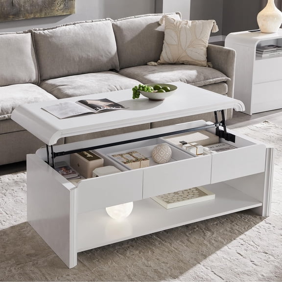 Aitjunz 47" Lift Top Coffee Table with Storage, Modern Coffee Table with Pull-Out Drawer and Two-Tier Storage, Rectangle Wood Center Table w/Curved Profile Design for Living Room, White