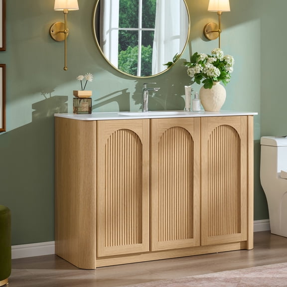 Aitjunz 48" Bathroom Vanity with Ceramic Sink, Arched Fluted Bathroom Vanity w/ 4-Tier Storage, Natural