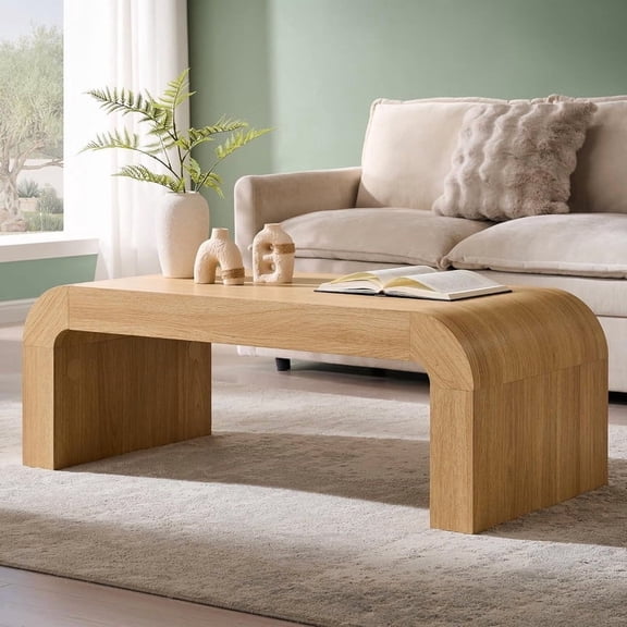 Aitjunz 48" Modern Waterfall Coffee Table, Minimalist Rectangular Wood Center Table with Thick Curved Profile for Living Room, Natural