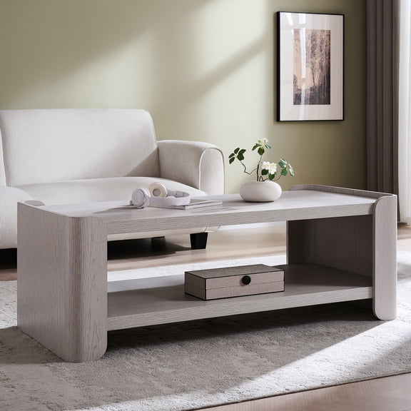 Aitjunz 48" Modern Wood Coffee Table with 2-Tier Storage Shelf and Curved Edges, Gray