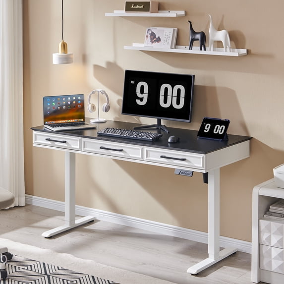 Aitjunz 55.1" Electric Standing Desk with 3 Drawers, Height-Adjustable Gaming Computer Desk with Memory Preset for Home Office, White