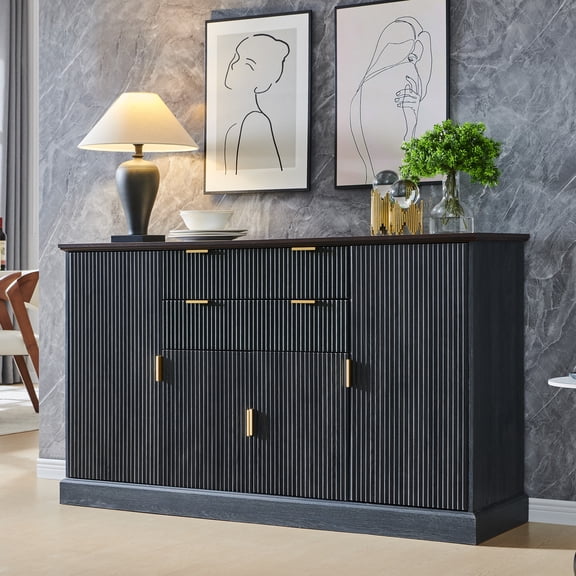 Aitjunz 58" Modern Sideboard, Fluted Buffet Cabinet with Storage, 2 Drawers and 4 Doors, Kitchen Buffet Cabinet with Adjustable Shelves for Dining Room, Living Room, Gray