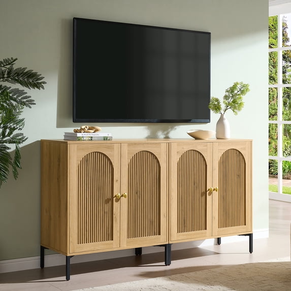 Aitjunz 61.75'' W Modern TV Console, Wooden TV Stand up to 70 Inch, Mid Century TV Cabient w/Adjustable Shelves for Storage, Arched Fluted Doors Design for Living Room, Natural