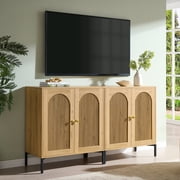 Aitjunz 61.75 W Modern TV Console, Wooden TV Stand up to 70 Inch, Mid Century TV Cabient w/Adjustable Shelves for Storage, Arched Fluted Doors Design for Living Room, Natural