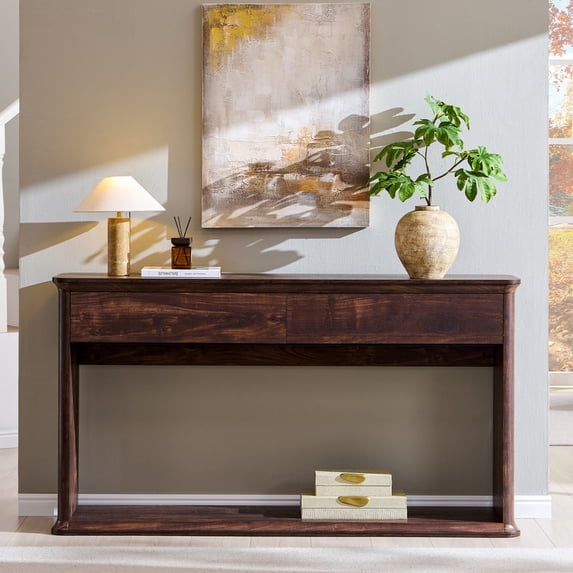 Aitjunz 63" Console Table with 2 Drawers and Storage Shelf, Waterfall Wood Grain Entryway Table with Curved Edges, Long Sofa Table for Living Room, Hallway and Foyer