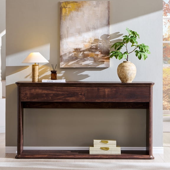 Aitjunz 63" Console Table with 2 Drawers and Storage Shelf, Waterfall Wood Grain Entryway Table with Curved Edges, Long Sofa Table for Living Room, Hallway and Foyer