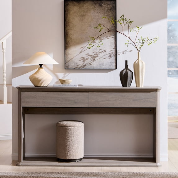 Aitjunz 63" Console Table with 2 Drawers and Storage Shelf, Waterfall Wood Grain Entryway Table with Curved Edges, Long Sofa Table for Living Room, Hallway and Foyer