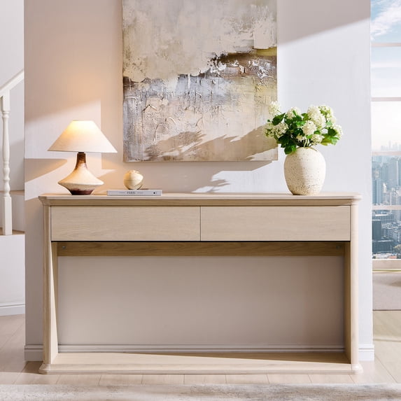 Aitjunz 63" Console Table with 2 Drawers and Storage Shelf, Waterfall Wood Grain Entryway Table with Curved Edges, Long Sofa Table for Living Room, Hallway and Foyer