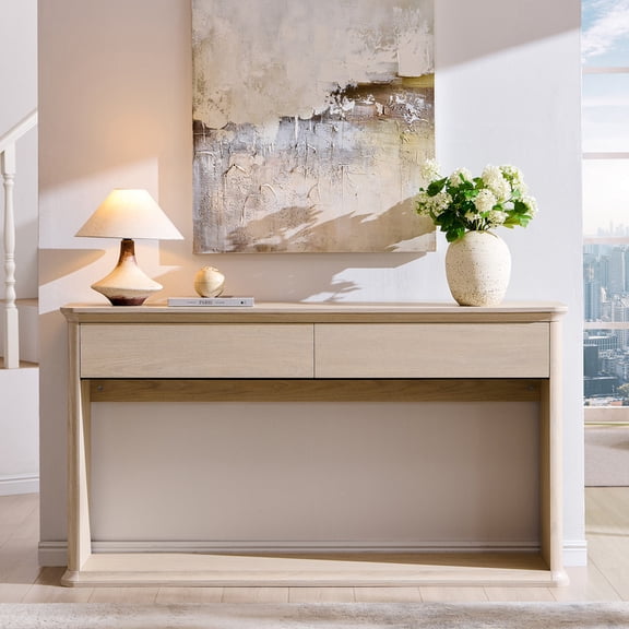 Aitjunz 63" Console Table with 2 Drawers and Storage Shelf, Waterfall Wood Grain Entryway Table with Curved Edges, Long Sofa Table for Living Room, Hallway and Foyer