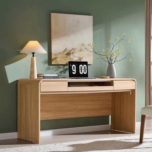 Aitjunz 63" Modern Office Desk with 2 Drawers and Keyboard Tray Storage, Wood Computer Desk w/Charging Station & Curved Edge Design for Home Office, Bedroom, Study Room, Natural